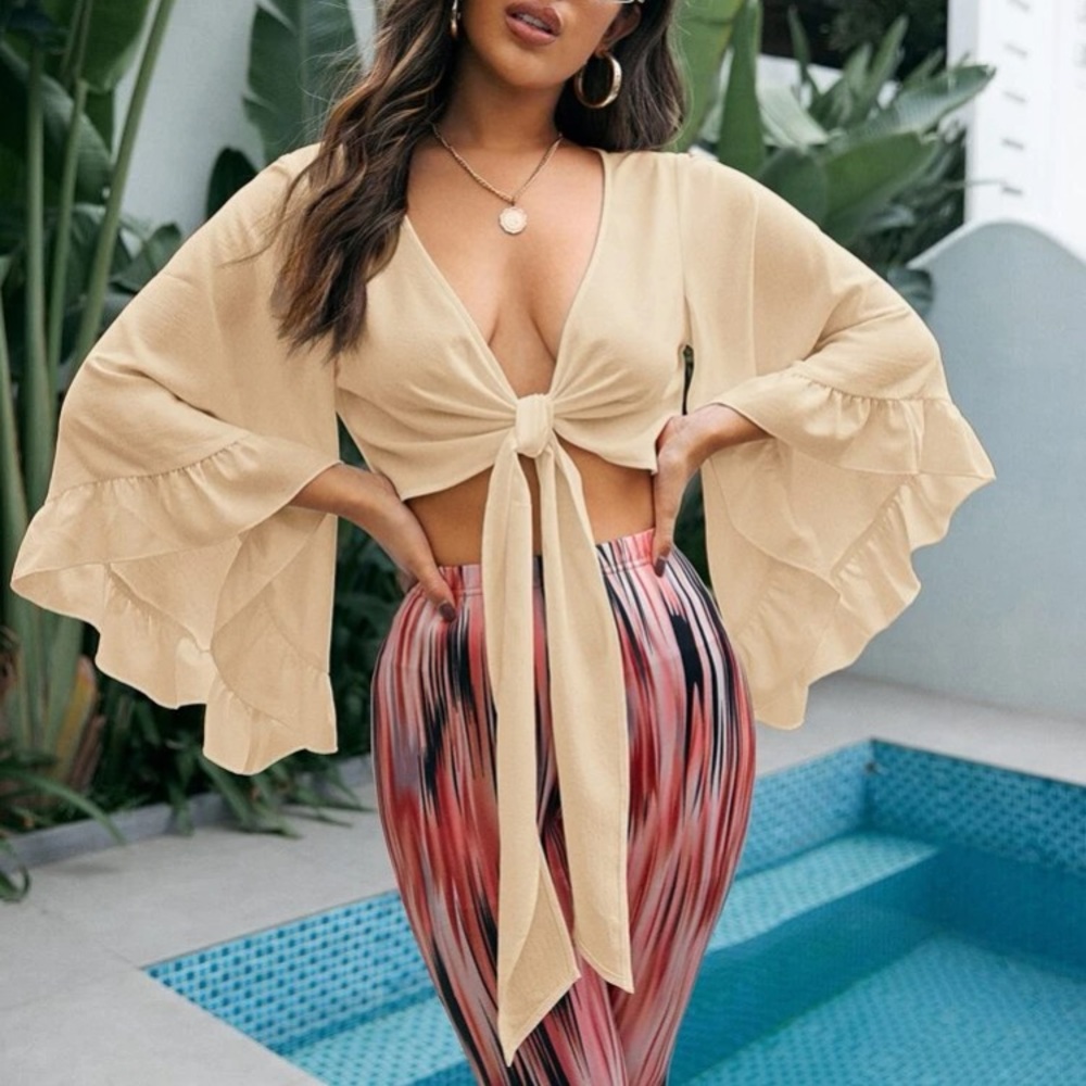 Bell sleeve Tie Front Ruffle Trim Flounce Sleeve Crop Top apricot